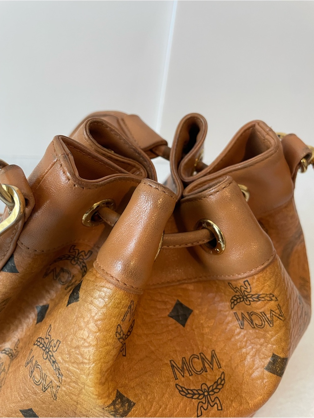 MCM Brown Logo Print Drawstring Bucket Bag w/ Detachable Strap Gold Hardware - Picture 5 of 15